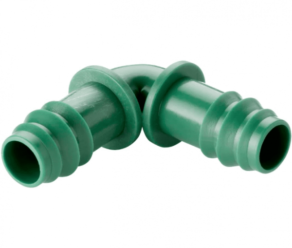 Codo 16mm acetal verde para uniones y arreglos de riegos en tuberia de goteo de 16mm